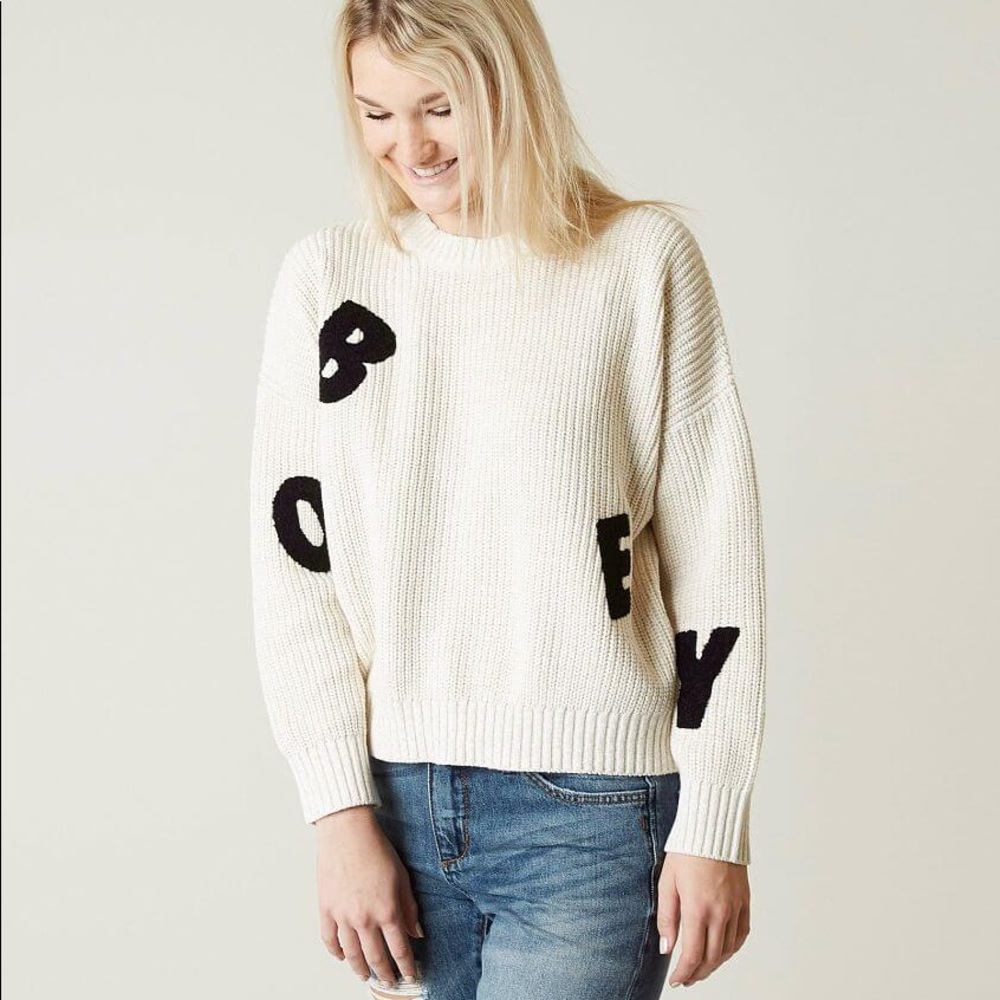 OBEY cream jumble word cropped crew sweater XS